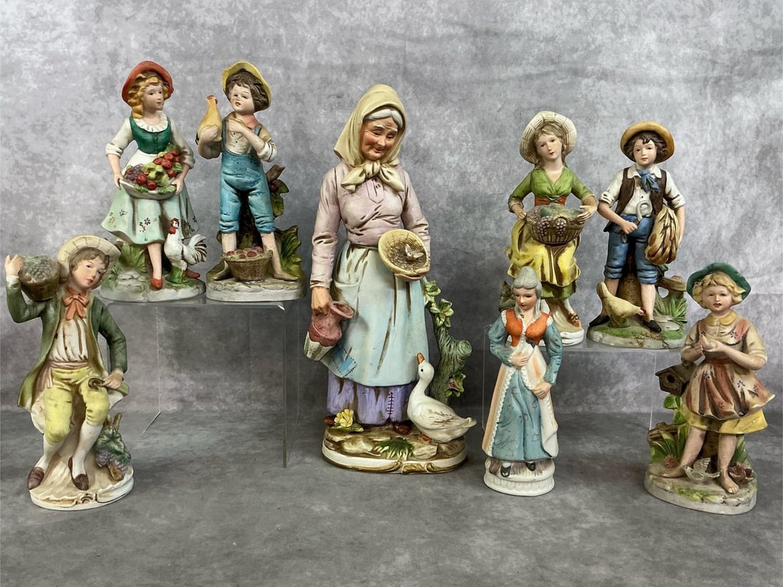 Country Folk Figurines: Eight late 1900's Homeco figures. Country life figures in antique wash over painted porcelain. In good condition. Lady with duck measures 5.5 inches wide x3.75 x 13 inches tall.