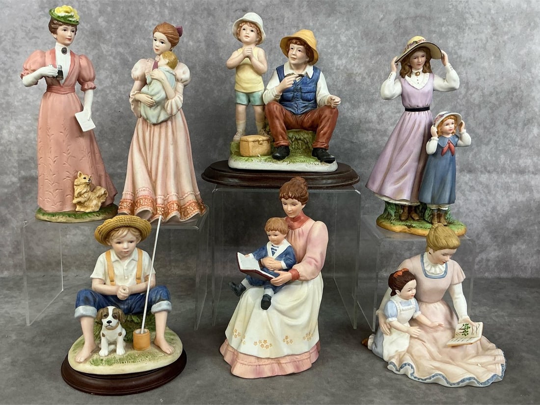 Children & Adults Homeco Figures: Seven late 1900's Homeco porcelain figures. Mothers and children, fisher boy with man, fishing boy with pup, and lady with "looking glasses'. In good condition. Man and boy measures 5 inches x 3.75 x