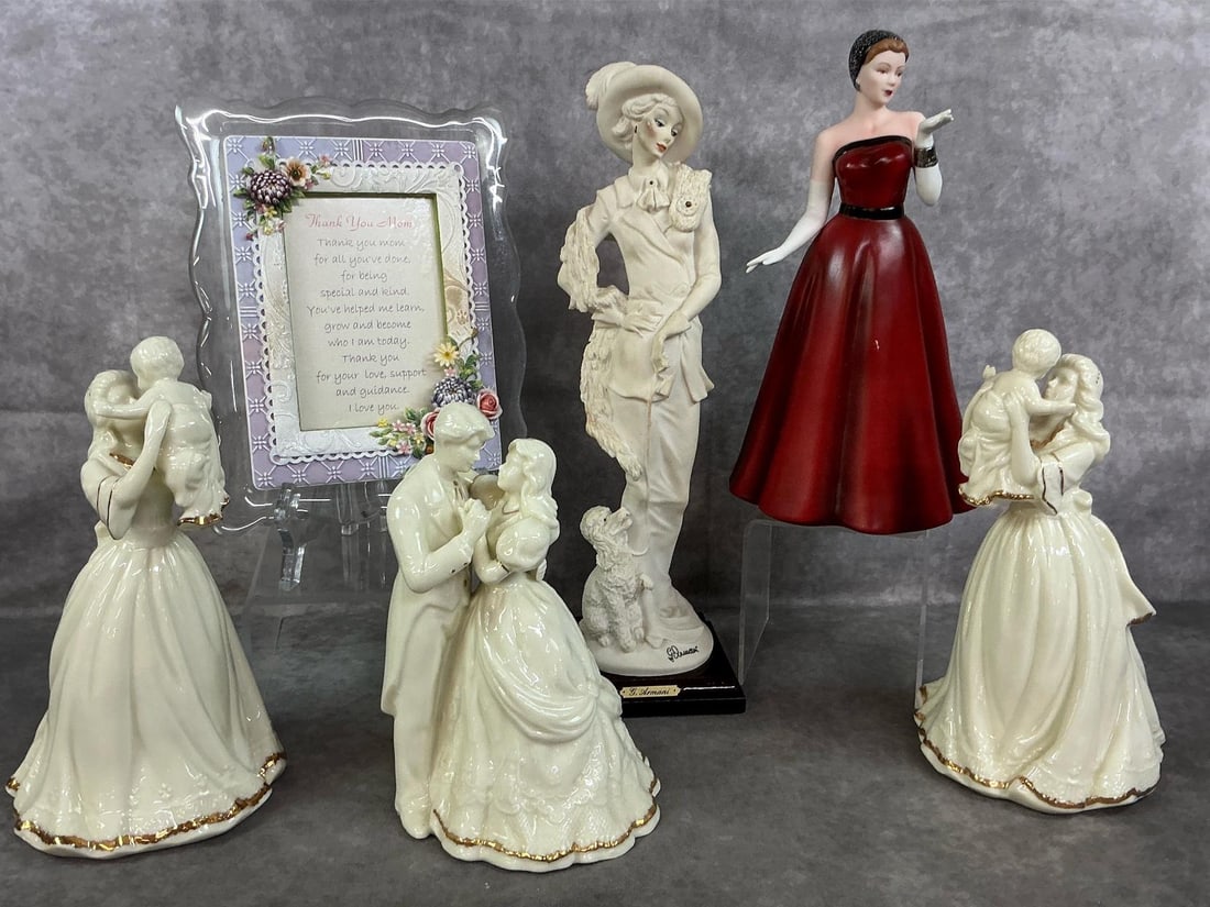 Arman, Formaties, & Homeco: Six late 1900's figurines and musical frame. Armani Lady with Poodle figure, Homeco "Rising Star" in red, three Formalities music figures by Baum Brothers, and "Thank you, Mom" musical frame. Red