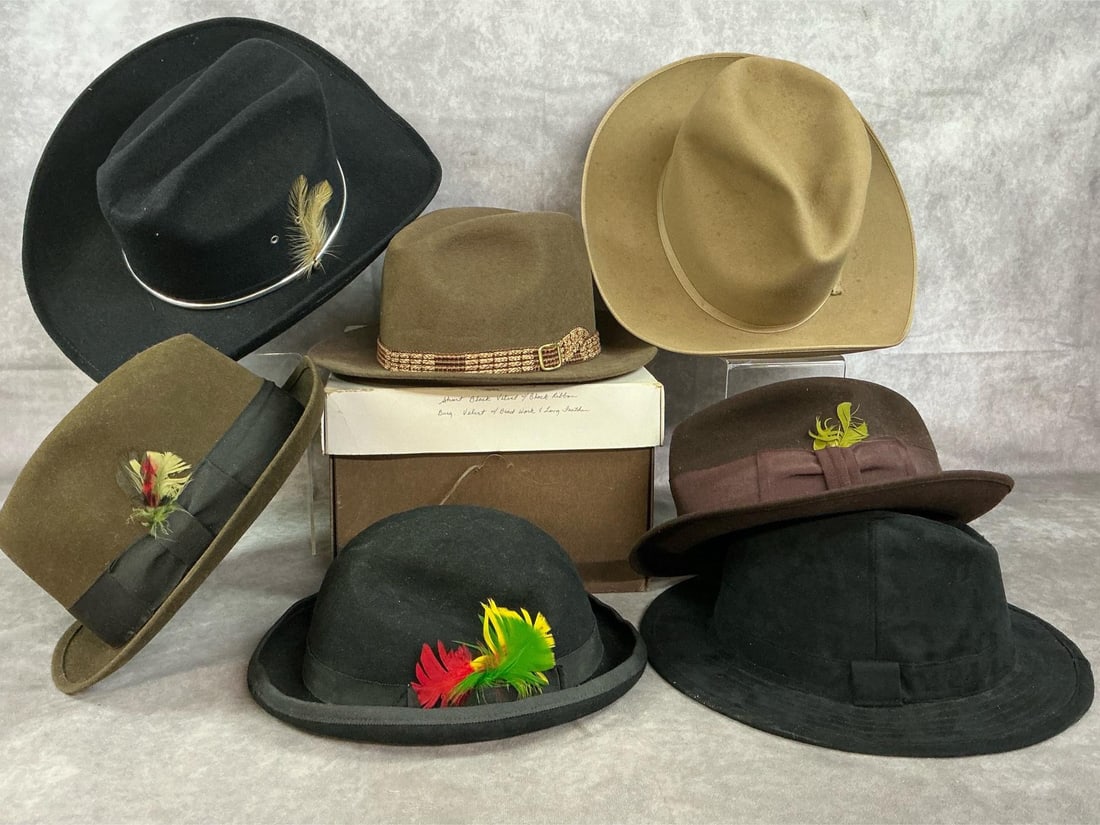 Men's Hats: Seven vintage men's dress hats. Includes black Arlo- size 7, olive/brown Dynafelt-size 7 3/8", tan Crosswhite & Elliott, black English Bowler, and more. Light tan hat has spots, others are in good