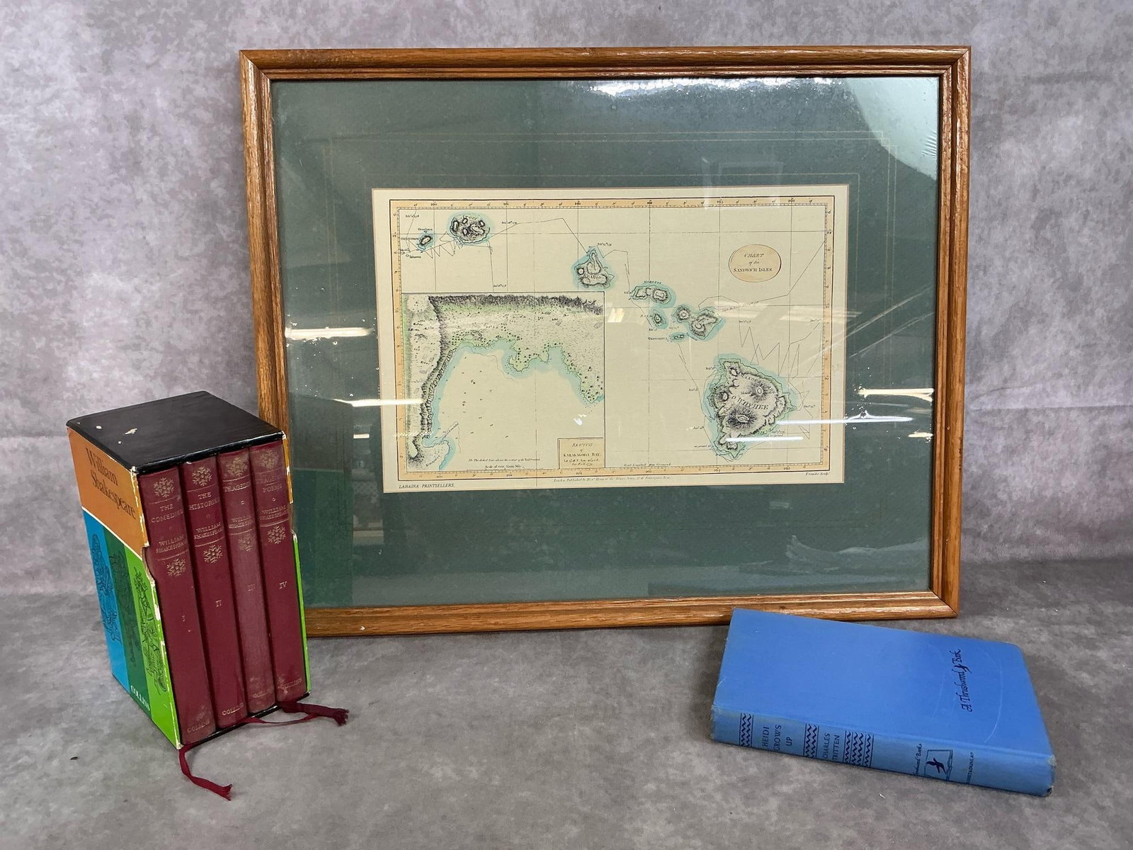 Map of Sandwich Isles, Shakespeare Collection & Heidi: Three early to mid 1900's books and picture. Framed sketch of the Sandwich Isles, (currently Hawaii), set of William Shakespeare writings, and "Heidi Grows Up". Heidi has foxing, other items in good