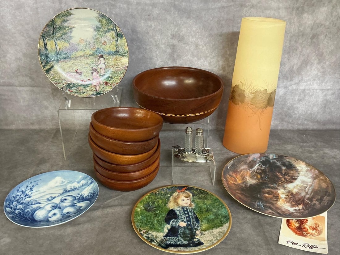 Wooden Bowls, Vase, Art Plates, & More: Thirteen late 1900's to modern age bowls, plates, and more. Mahogany salad bowl with six individual bowls, amber and orange glass vase, four decorative plates, and cast metal with dragonfly accents