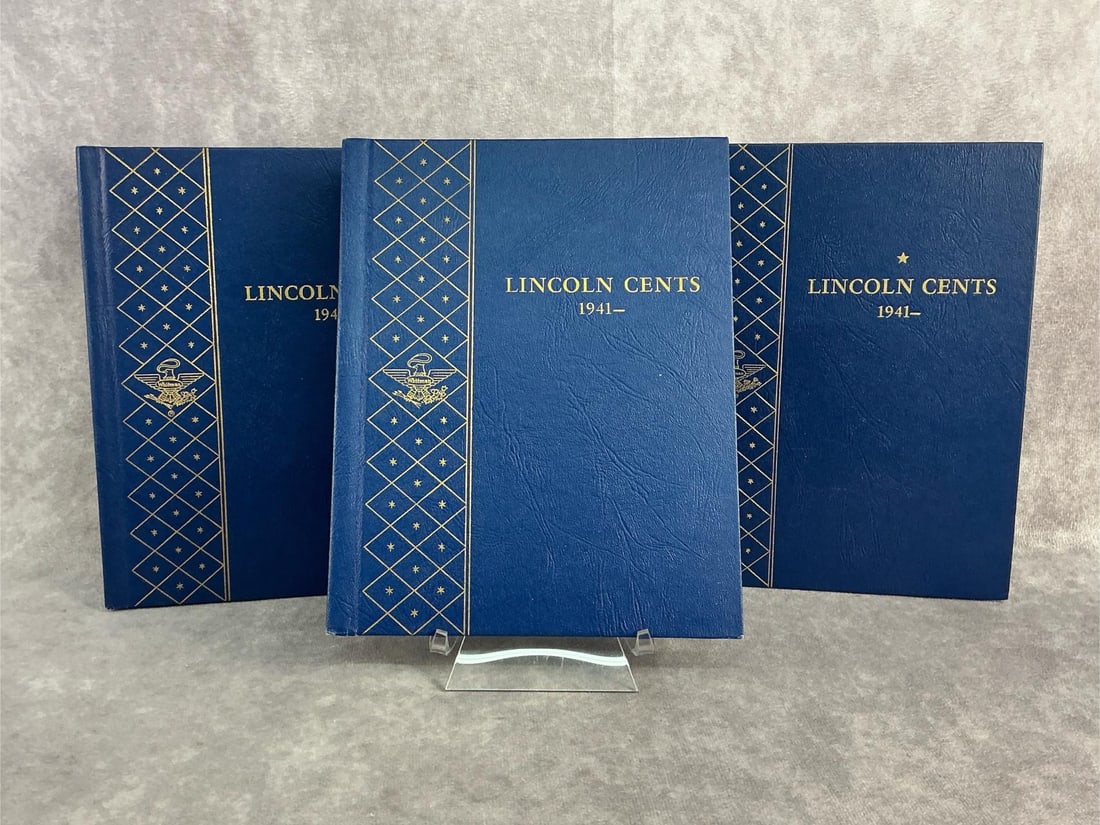 Lincoln Pennies: Three Whitman binders containing 1941 to 1964 Lincoln pennies. Binders are not complete but in good condition. Each binder measures 7 inches wide x 9 inches tall.