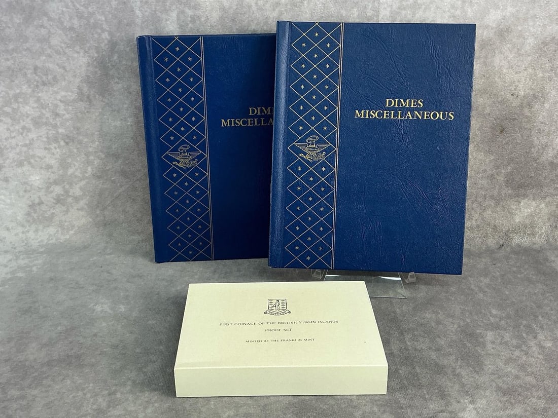 Dimes & Proof Set: Two Whitman binders containing miscellaneous dimes some domestic and some foreign, also included a proof set from British Virgin Islands. Binders are not complete but in good condition. Each binder