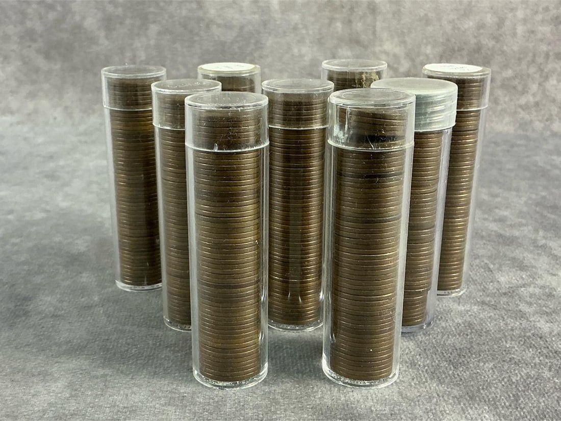 Wheat Pennies: Nine rolls of unsearched wheat pennies, visible years range from 1940s through 1960s. Total weight 3.3 lbs.