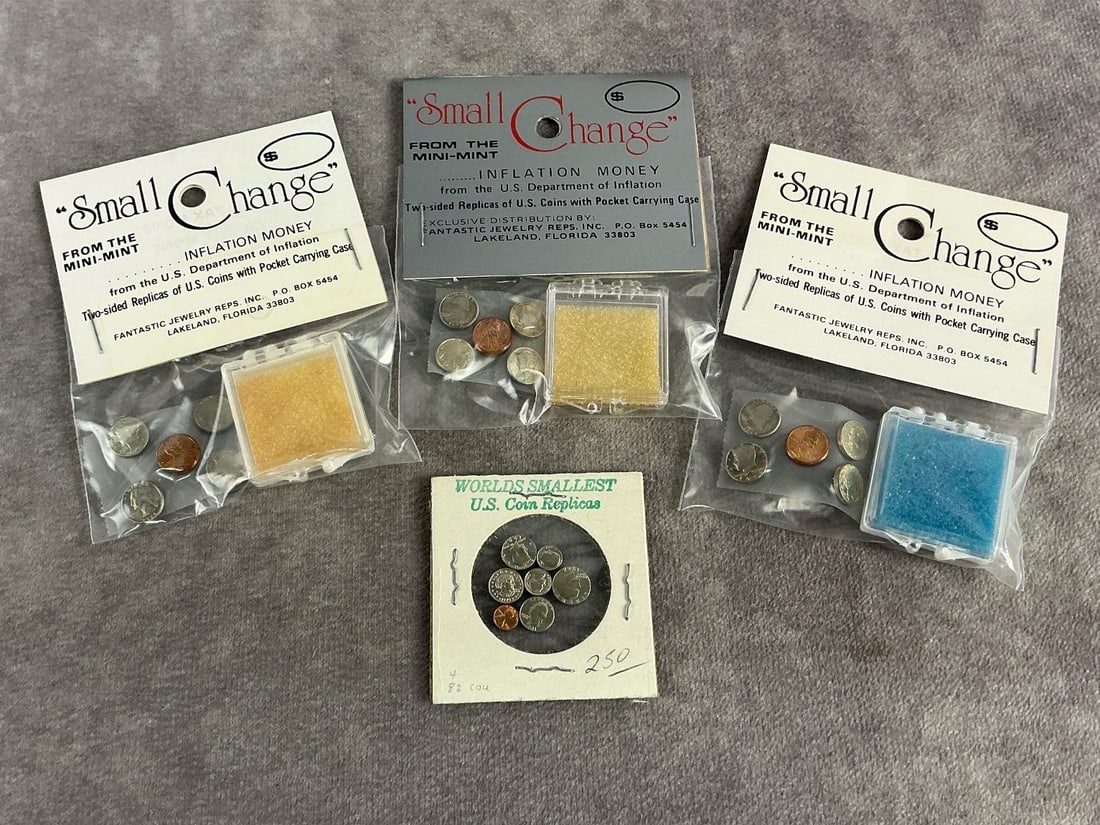 Small Change: Four 1970s small change novelty sets from Mini Mint featuring two sided metal replica US coins. All in good condition. Package measures 3 inches wide x 3.75 inches tall.