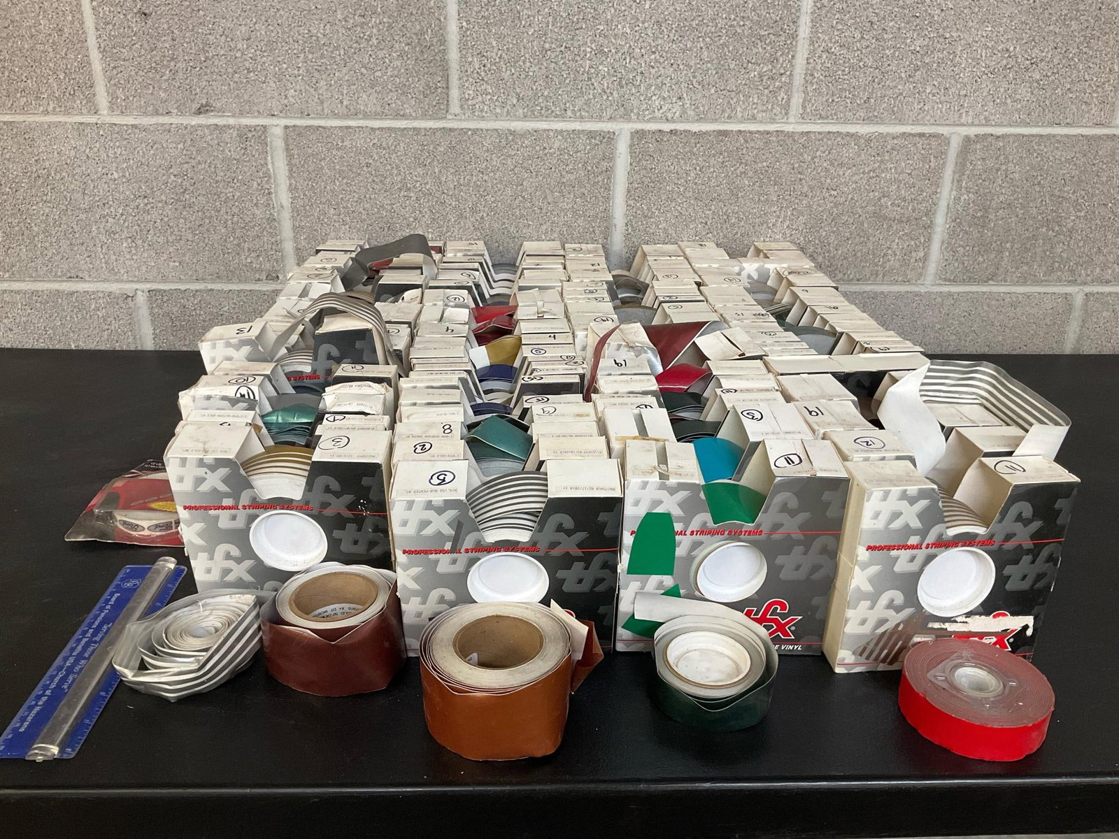 Car Striping Tape: TFX Premium grade vinyl car striping tape. Assortment of sizes and colors. In good condition.