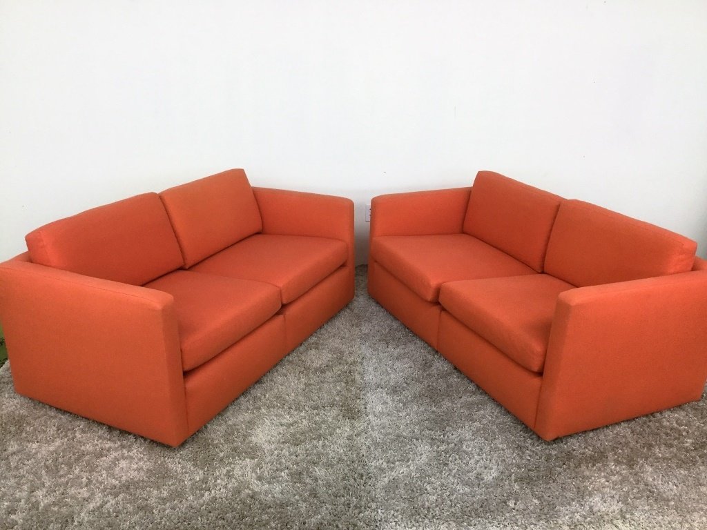 Pair Knoll Two Seater Sofas: Charles Phister Covered in Orange Sunbrella Fabric 59" Long 25" High 32" Deep