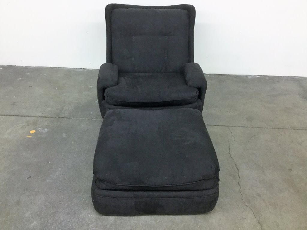 CHARCOAL GREY ARM CHAIR AND OTTOMAN: GOOD CONDITION TYPICAL FOR AGE 34" HEIGHT 34/5" WIDE SEAT 15" HEIGHT 42" DEPTH OTTOMAN 28" x 27" 15" HEIGHT