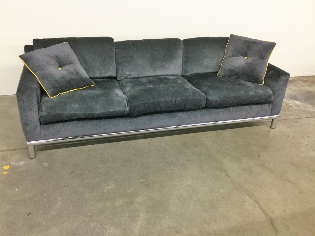 CHROME BASE CHARCOAL GREY SOFA: YELLOW TRIM PILLOWS 90" LENGTH 33" DEPTH 27" HEIGHT GOOD CONDITION