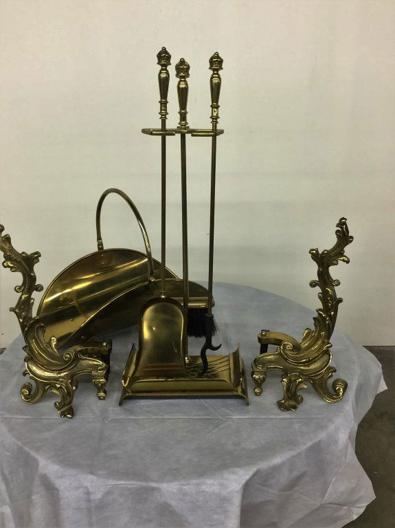 THREE PC BRASS FIRE TOOL SET/WOOD CARRIER (1 of 3)