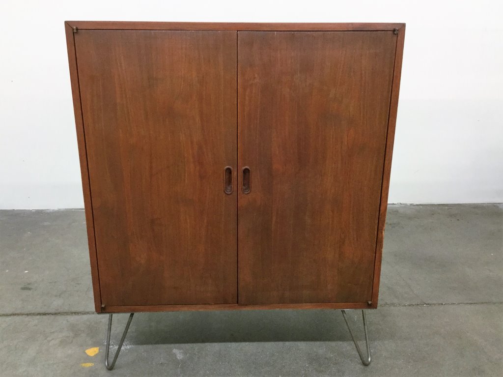 MID CENTURY TWO DOOR CABINET: HAIR PIN LEGS'ADJUSTABLE ORGANIZER SHELVES SIX DRAWERS 39" HEIGHT 32" WIDTH 18" DEPTH