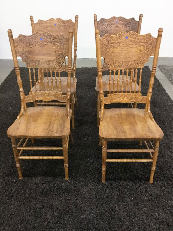 SET OF FOUR REPORDUCTION OAK PRESSED BACK CHAIRS (1 of 4)