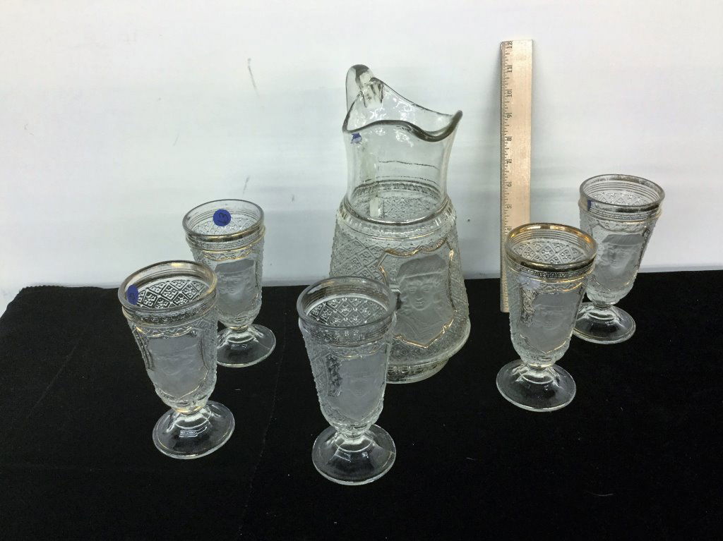 GERMAN PRESSED GLASS FROSTED LADY PITCHER (1 of 4)