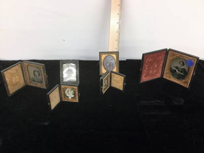 SET OF SIX ANTQ DAGUERREOTYPE PHOTO AND FRAMES: SOME IN FRAMES LEATHER