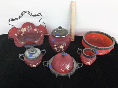 MISC LOT: CRANBERRY BRIDAL BASKET BISCUIT JAR MISSING SILVER RING FRUIT BOWL SUGAR/CREAMER BUTTER DISH (NO KNIFE)