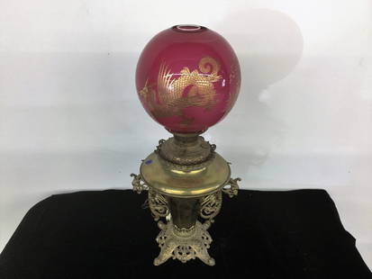 BRASS BRADLEY AND HUBBARD DRAGON OIL LAMP: (ELECTRIFIED) B & H COMPANY GLASS SHADE WITH INLAID DRAGON HEIGHT APPROX 26" (233)