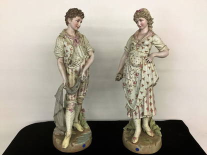 PAIR PORCELAIN HAND PAINTED FIGURINES: 30" TALL BOY WITH FISH NET GIRL WITH CASK EXCELLENT CONDITION MADE IN SITZEN-DORF GERMANY