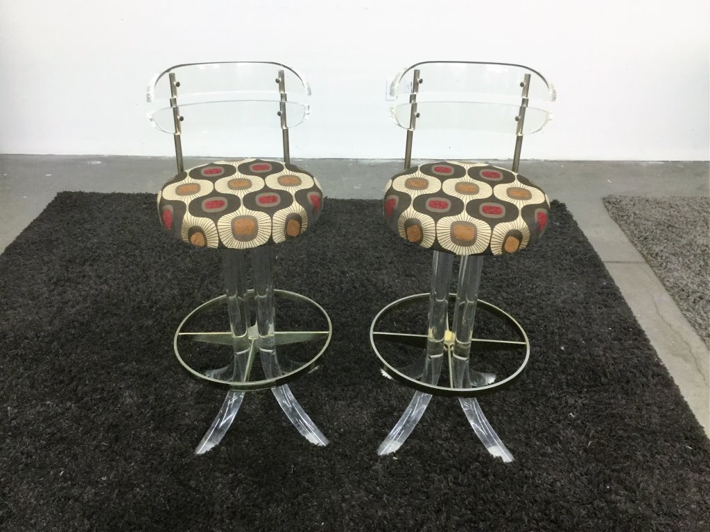 PAIR LUCITE/BRASS PLATED BAR STOOLS: MINOR PITTING MISSING ONE TUBE CAP NEW UPHOLSTERY 37" HEIGHT 15" WIDTH 16" DEPTH