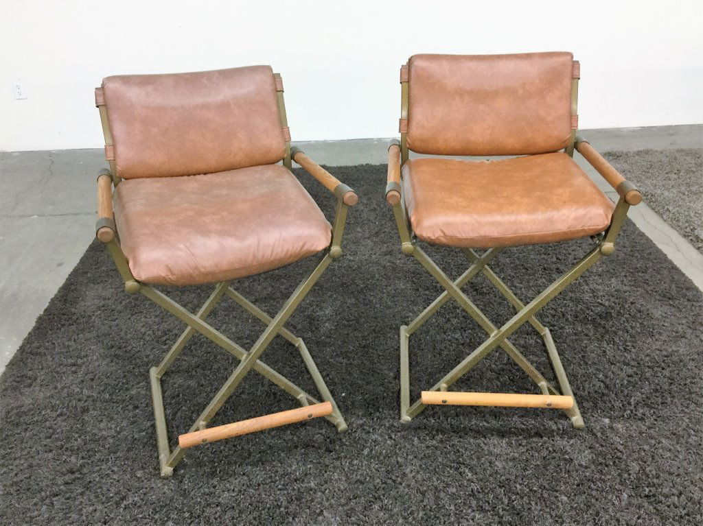PAIR CLEO BALDON BAR STOOLS: (DISCOLORED ONE) HEIGHT 37" WIDTH 22" SEAT HEIGHT 24" DEPTH 17"