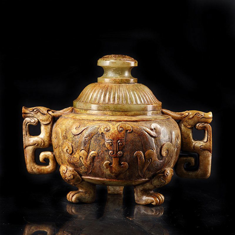 Chinese Hetian Jade Dragon Head 3 Legs Incense Burner (1 of 6)