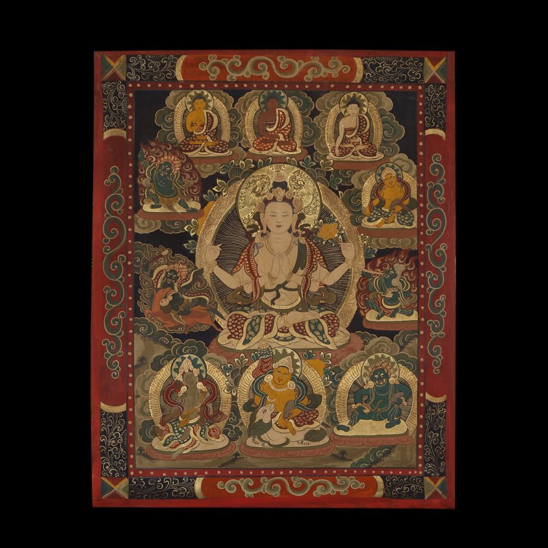 Buddhist Thangka. Tibet. Early 20th century. Mineral: Buddhist Thangka. Tibet. Early 20th century. Mineral pigments on heavy cloth. Scene of Yama with lineage figures..Size:120*80cm