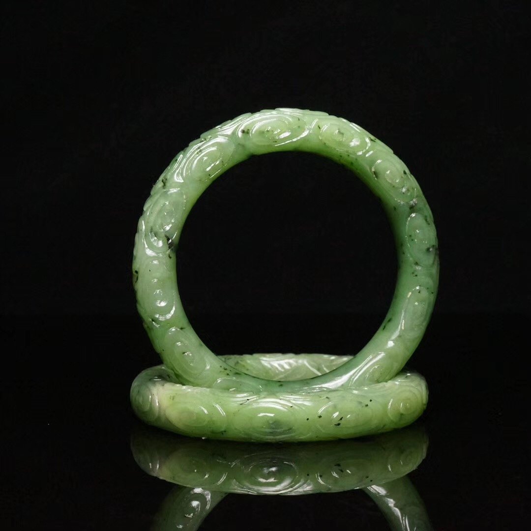 Pair of Chinese Hetian Green Jade Bangle Bracelets (1 of 7)