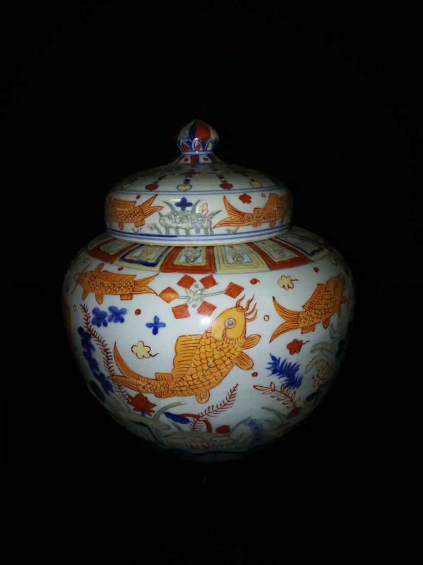 Chinese Wucai Fish Porcelain Jar (1 of 7)