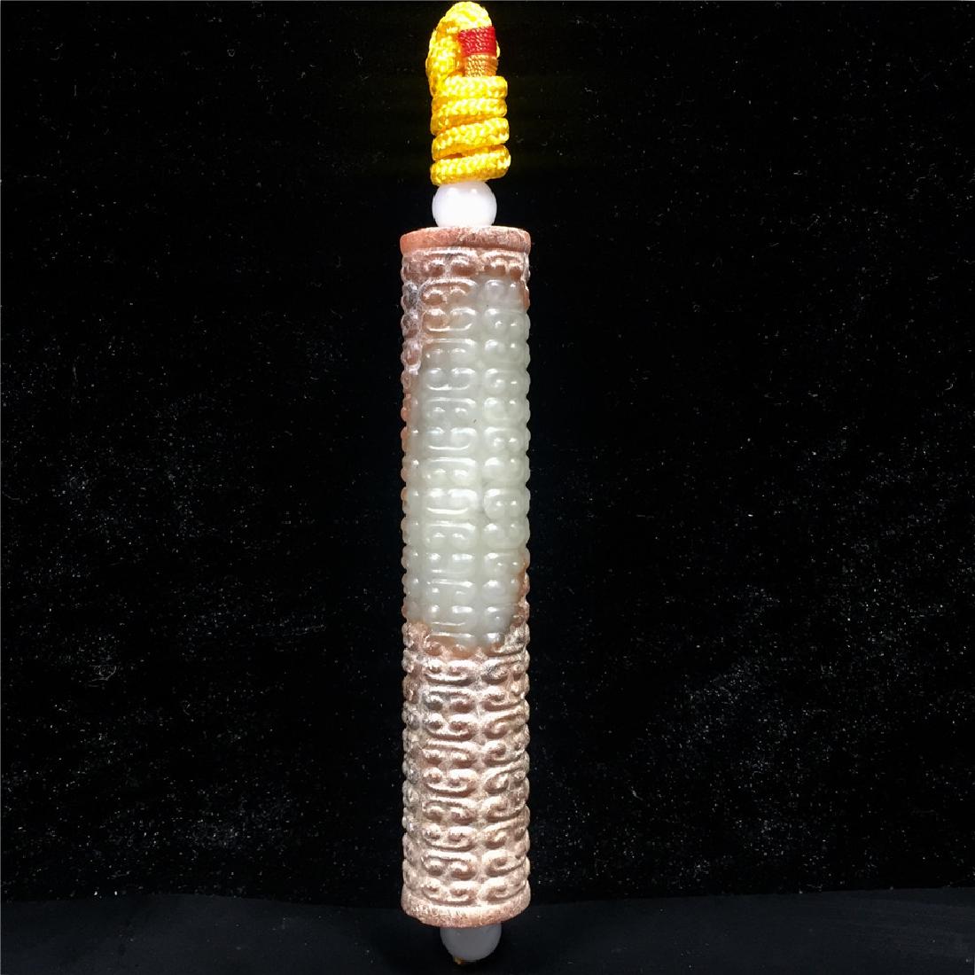 Chinese Carved Jade Cylinder type: Chinese Carved Jade Cylinder type.China, Han Dynasty Period, Antique Jade Cylinder type carved with specific pattern,Dimension:High:108mmDiameter:38mm .Weight:92.34g