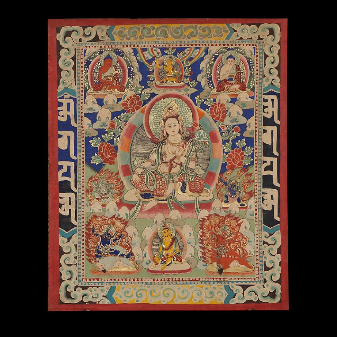 CHINESE QING DYNASTY PAINTING BUDDHIST THANGKA: Buddhist Thangka. Tibet. Early 20th century. Mineral pigments on heavy cloth. Scene of Yama with lineage figures..Size:96*77cm