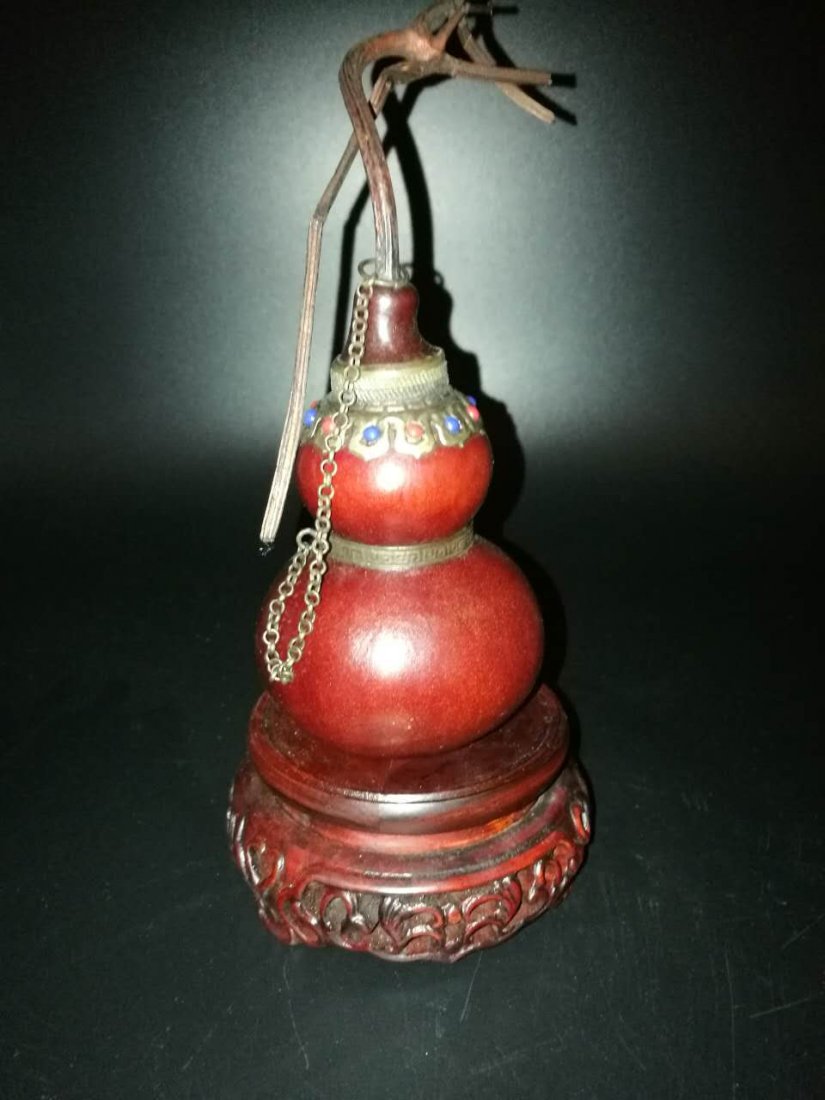 A Chinese Antique Jeweled Lacquer On Gourd Wine Pot: A Chinese Antique Jeweled Lacquer On Gourd Wine Pot: inlaid with natural turquoise beads around the neck, of Qing Dynasty; Size: H: 6-1/2"