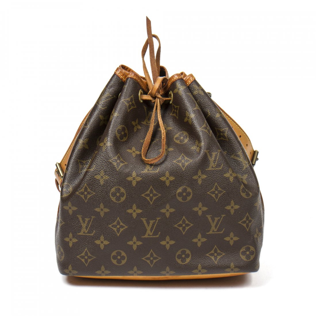 LOUIS VUITTON Noe: LOUIS VUITTON Noe PM in brown monogram canvas, vachetta leather handle and details. Golden brass hardware. Drawstring closure. Brown lined interior. The vachetta is showing signs of wear on the handle