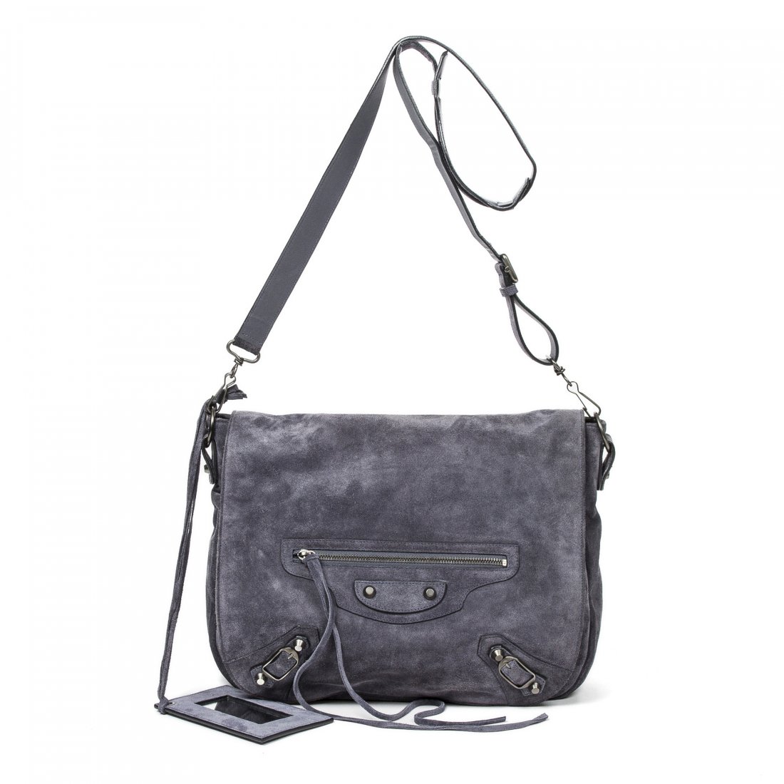 BALENCIAGA Folk Messenger: BALENCIAGA Folk Messenger in dark grey suede with crossbody shoulder strap. Magnetic closure. Black fabric lined interior with one zip pocket. Mirror and dustbag included. Production code 246432.1208 