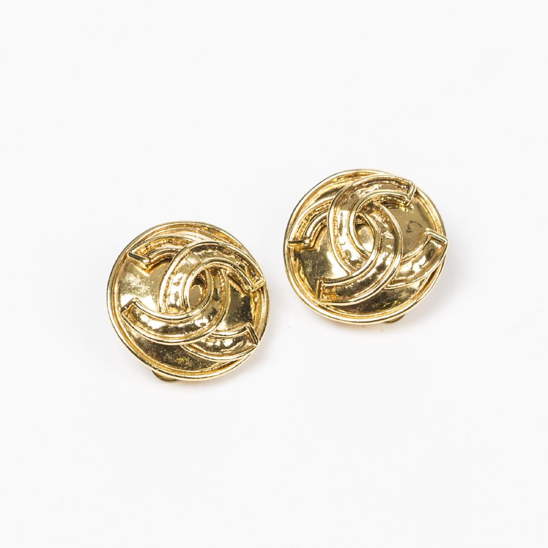 Chanel Round Reverse Embossed Logo Clip Earrings (1 of 2)