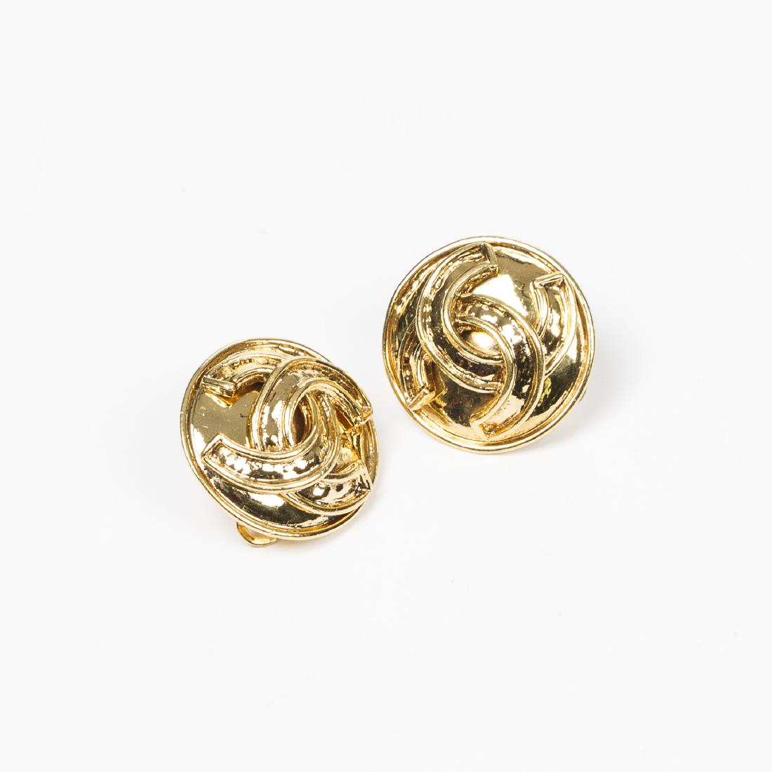 Chanel Round Reverse Embossed Logo Clip Earrings (1 of 2)