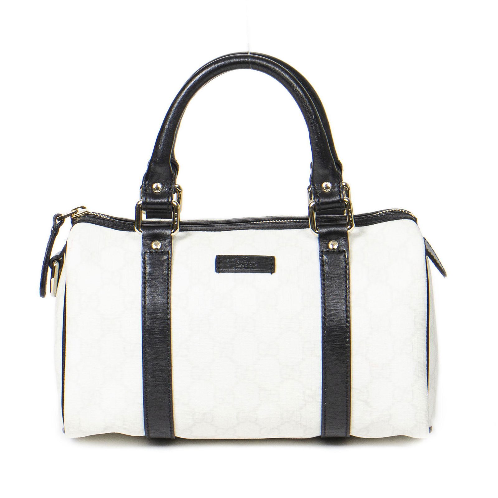 Gucci Coated Canvas Joy Boston Mini: Pre-loved Gucci Joy Boston Mini in White Coated Canvas and Gold hardware. Brands Identifier : 193604-213317. Dimensions: 24*16*10cm. All BrandCo Paris items come with a certificate of authenticity. Pl