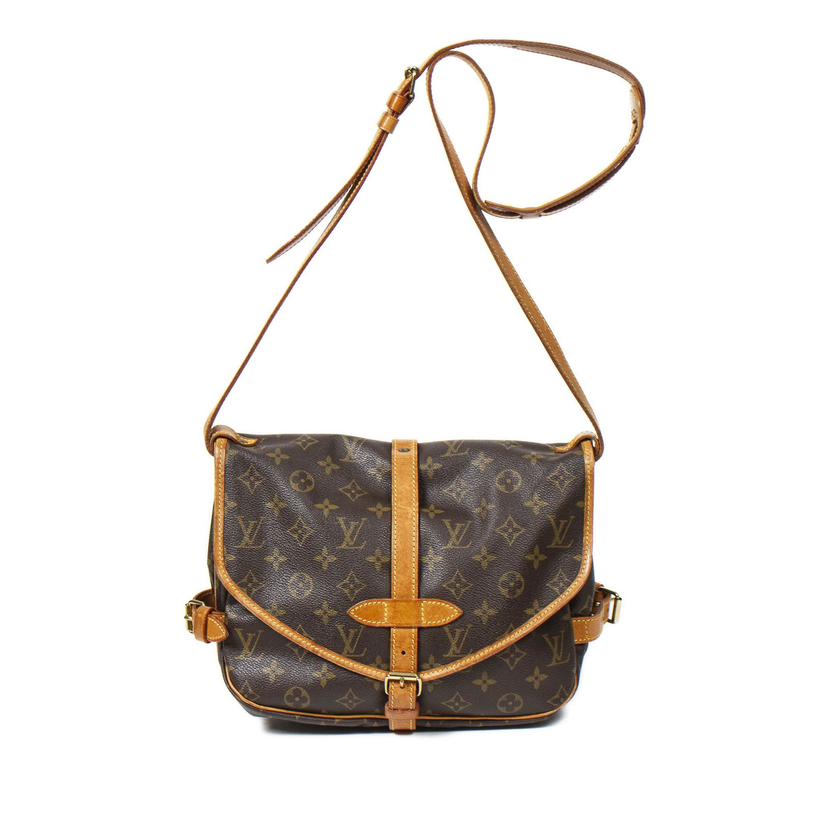 Louis Vuitton Coated Canvas Saumur 25: Pre-loved Louis Vuitton Saumur 25 in Brown Coated Canvas and Golden Brass hardware. Brands Identifier : AR0932. Dimensions: 25*21*7cm. All BrandCo Paris items come with a certificate of authenticity.