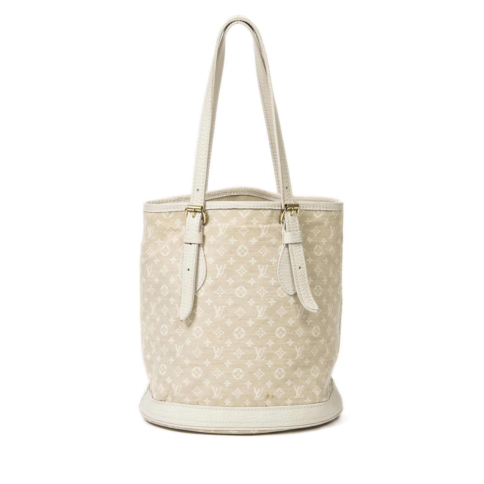 Louis Vuitton Canvas Bucket PM: Pre-loved Louis Vuitton Bucket PM in Ivory/Beige Canvas and Golden Brass hardware. Brands Identifier : FL0047. Dimensions: 23*23*15,5cm. All BrandCo Paris items come with a certificate of authenticity