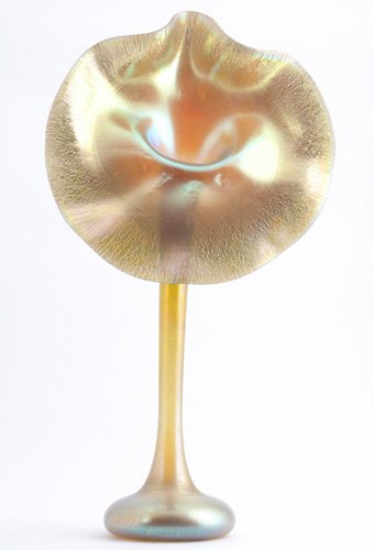 TIFFANY STUDIOS Gold Favrile glass Jack-In-Pulpit: TIFFANY STUDIOS Gold Favrile glass Jack-In-Pulpit vase, c. 1900 - 1910. (Excellent glass color. From a private Massachusetts estate.) Engraved L.C.T - FAVRILE 1636H. Ht. 19 1/2" x W. 10 3/4"