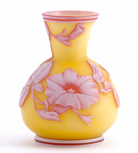 THOMAS WEBB & SONS Cameo glass vase patterned with: THOMAS WEBB & SONS Cameo glass vase patterned with morning glory in white and red on lemon-yellow ground. 4 1/2"