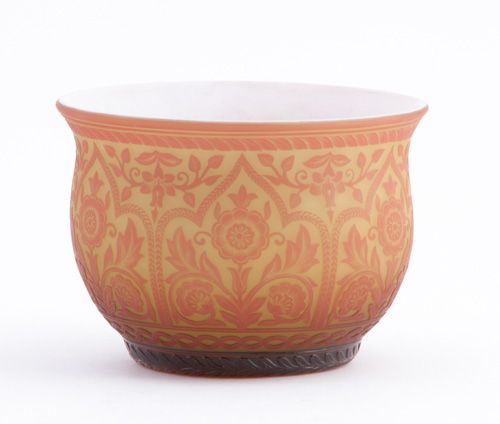 THOMAS WEBB & SONS Unusual cameo glass vase with o: THOMAS WEBB & SONS Unusual cameo glass vase with ornate repeating pattern in the 'Tapestry' manner in red on yellow with white interior, the pattern extending through the base, c. 1880. 3 1/4"