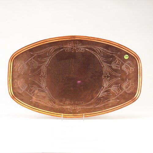 WILLIAM ARTHUR SMITH BENSON Large copper tray inci: WILLIAM ARTHUR SMITH BENSON Large copper tray incised with tulips under a bright copper finish. (Benson, a contemporary of Christopher Dresser and William Morris, became a director of Morris's company