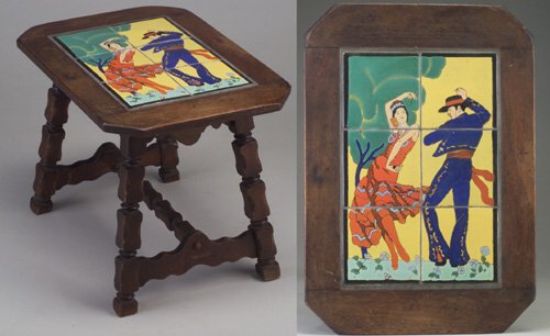 Fine TAYLOR tile-top table with six tile: Fine TAYLOR tile-top table with six tiles decorated in cuerda seca with a couple of Spanish dancers, in bright polychrome semi-matte glaze, in a wooden base with turned legs. Light abrasion to some ar