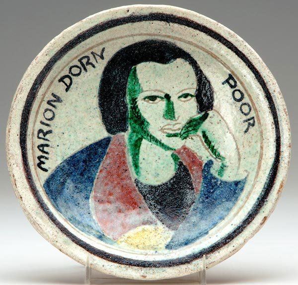 HENRY VARNUM POOR Plate with Marion Dorn Poor: HENRY VARNUM POOR Plate incised and painted with a portrait of the artist's wife, Marion Dorn Poor. A few small nicks to rim. Stamped floral Crow House mark. 8" dia.