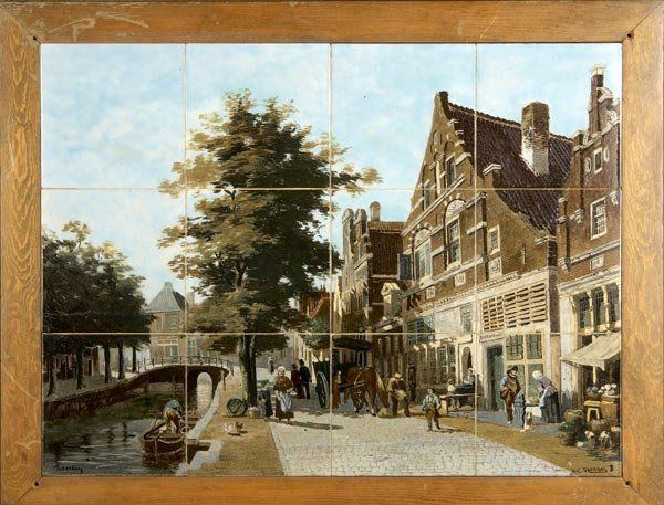 ROZENBURG Twelve-tile panel painted after Cornelis: ROZENBURG Twelve-tile panel painted after Cornelis Springer (Dutch, 1817-1891), depicting a Dutch cityscape with canal. Framed. Signed N. C. Springer B. Rozenburg. Panel: 18" x 24"