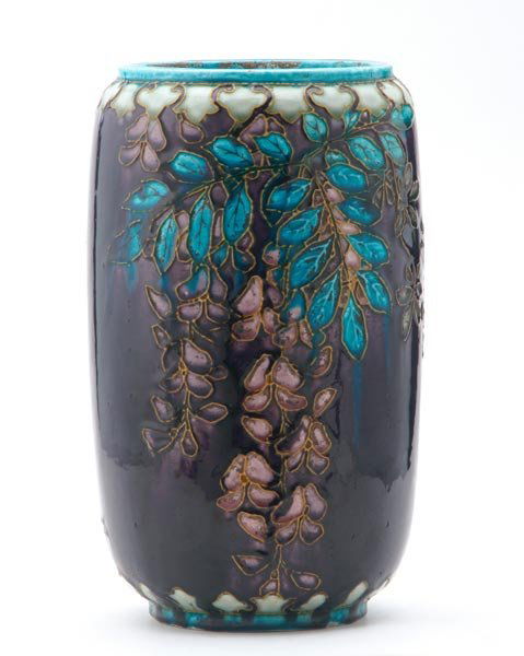 THEODORE DECK Vase decorated in squeezebag with br: THEODORE DECK Vase decorated in squeezebag with branches of wisteria, cherry blossoms, and other blossoms in Persian majolica glazes. Some wear to glaze inside rim. Stamped and signed TH DECK. 9 1/2"