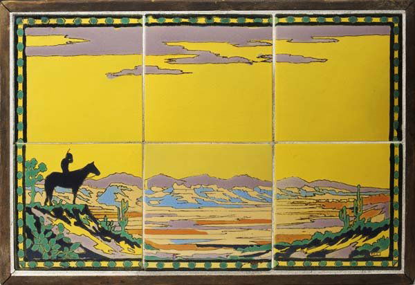 TAYLOR Six-tile table top with Southwestern scene: TAYLOR Six-tile table top painted with a Southwestern scene of a Native American on horseback overlooking a valley. (A rare version of this panel, with eight-inch tiles.) In original wooden frame. Til