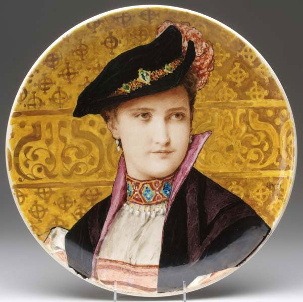 THEODORE DECK Charger finely decorated by Albert A: THEODORE DECK Charger finely decorated by Albert Anker with enameled portrait of a lady. Signed Anker, impressed TH. DECK. 15 1/2" dia.
