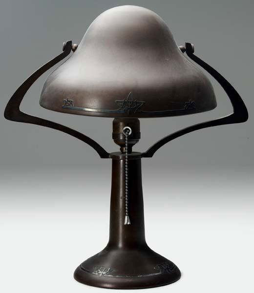 HEINTZ Sterling-on-Bronze helmet-shade lamp decor: HEINTZ Sterling-on-Bronze helmet-shade lamp decorated with flowers. No visible mark. 15" x 13"