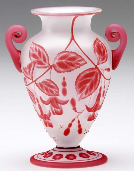 THOMAS WEBB Small footed vase with scrolled handle: THOMAS WEBB Small footed vase with scrolled handles and wheel-carved floral design in rose, the foot acid-etched. Unmarked. 4 1/4" x 3 1/4"